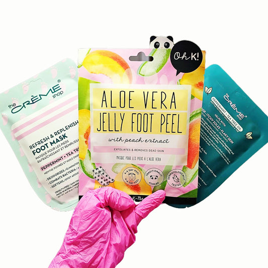 Oh K! Aloe Vera Jelly Foot Peel with Peach Extract + 2 The Creme Shop Foot Repair Masks | Peppermint & Tea Tree Oil [3 Pack Bundle]