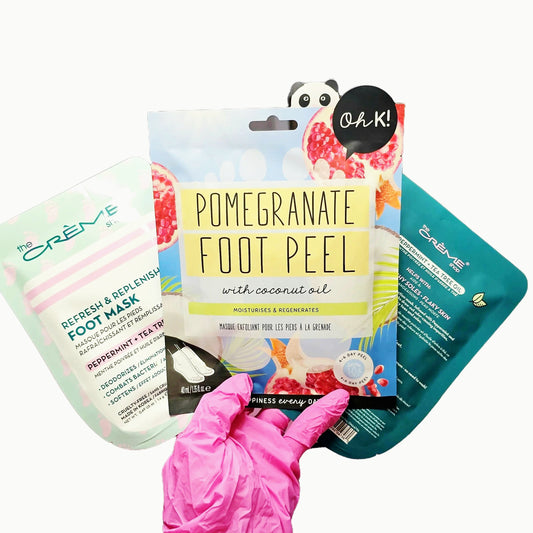 Oh K! Pomegranate & Coconut Oil Peeling Foot Mask + 2 The Creme Shop Foot Repair Masks | Peppermint & Tea Tree Oil [3 Pack Bundle]