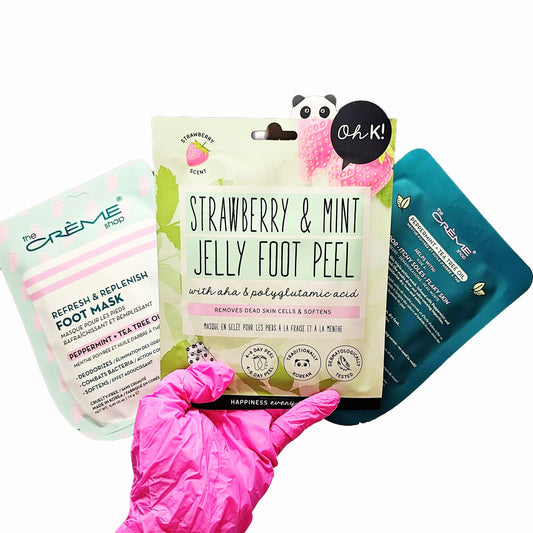 Oh K! Strawberry & Mint Jelly Foot Peel + 2 The Creme Shop Foot Repair Masks | Peppermint & Tea Tree Oil [3 Pack Bundle]